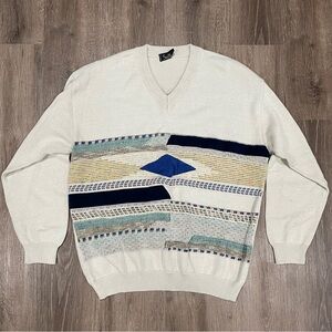 Vintage Saffo Made In Italy 3D Knit V Neck Sweater Cream Men’s 90’s Pullover